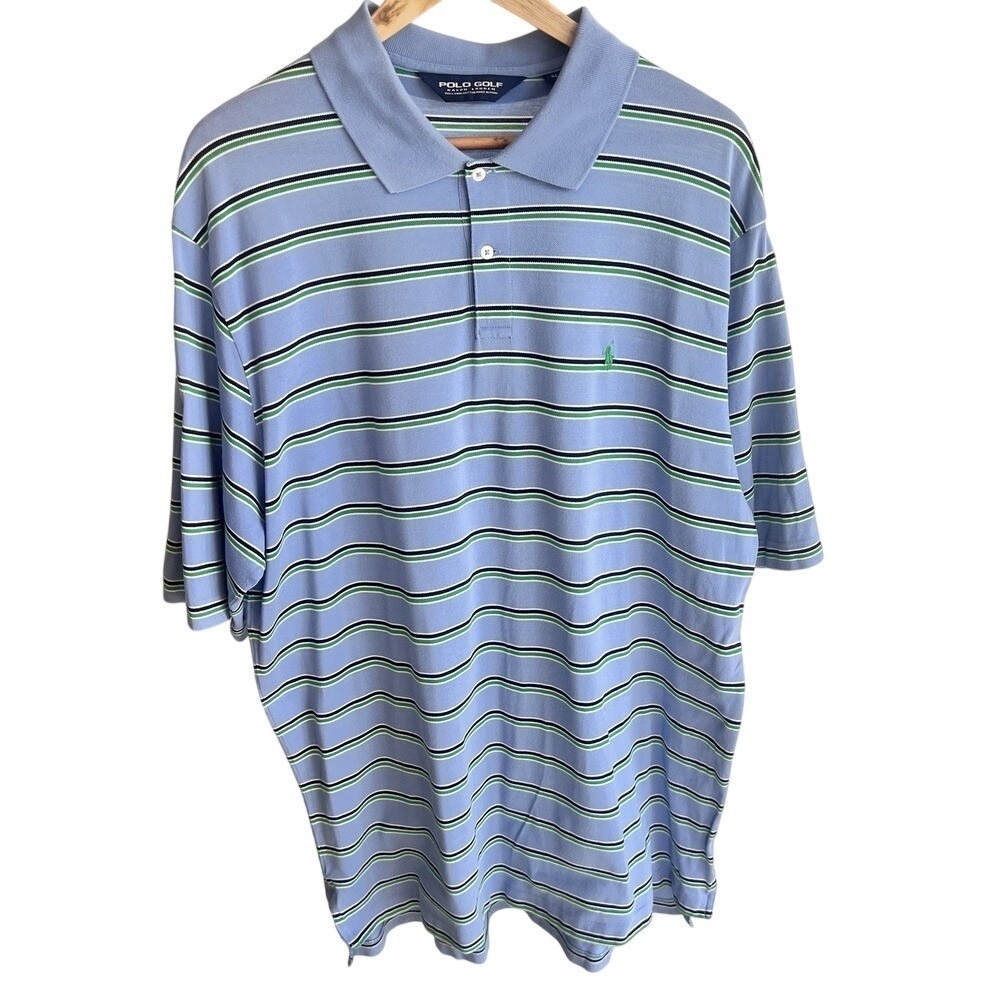 Ralph Lauren Men Polo Golf Shirt XL Blue Striped Preppy Vintage y2k